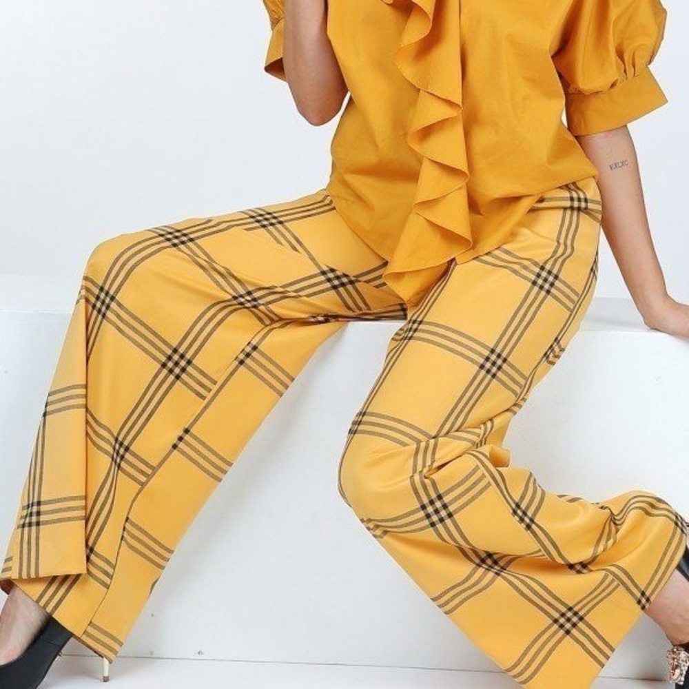 High Waist Plaid Print Wide Leg Pants